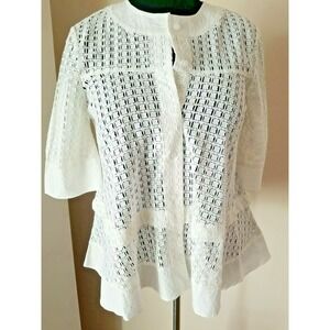LUMIE White Cotton‎ Blend Embroider Knit Button Front Tunic Top sz S 3/4 Sleeve